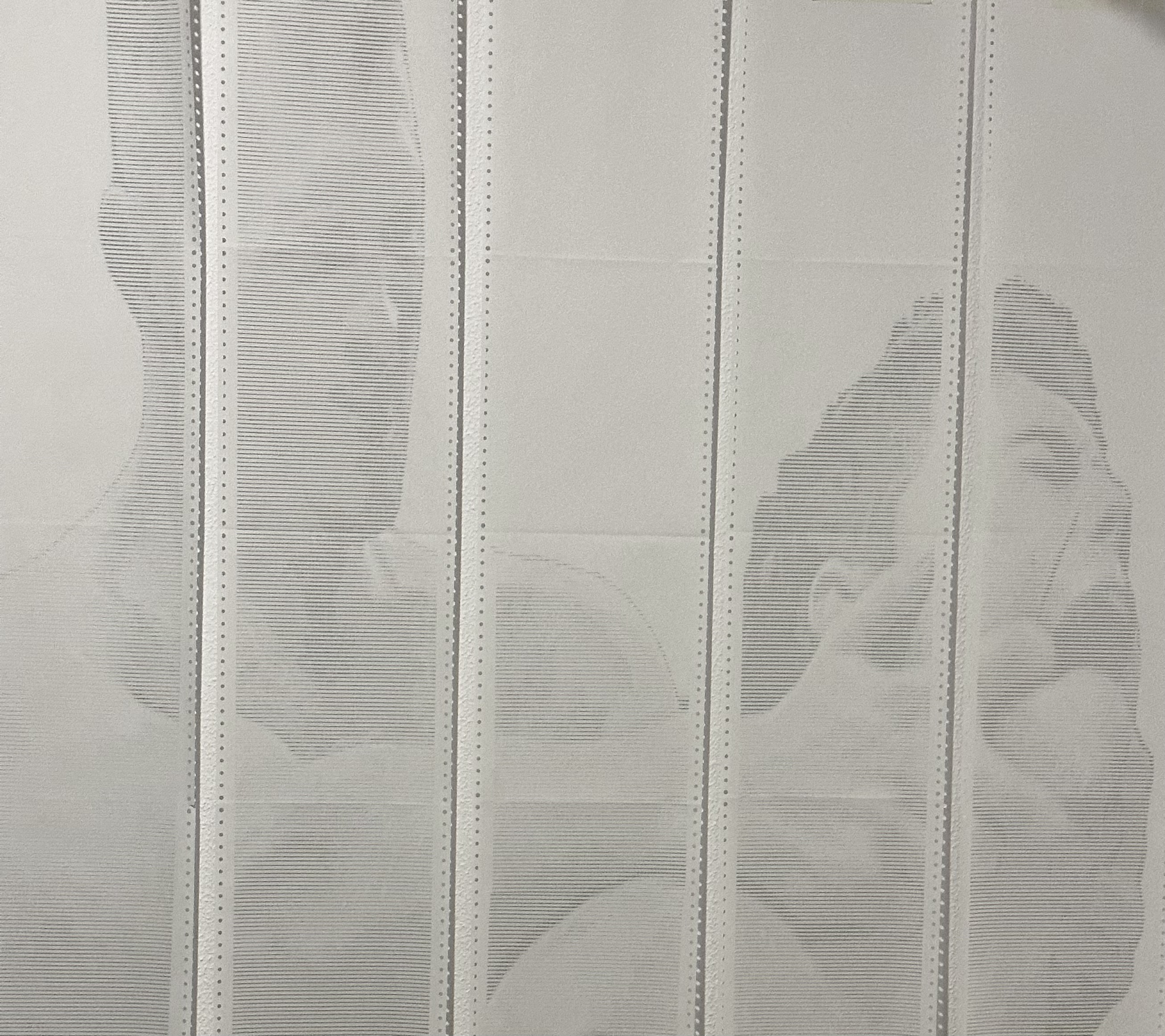 BACKLOGGED by CHARACTERS — close-up of ASCII character grid on salvaged dot-matrix paper showing two figures in a scene of penetrative sex with manual oral restraint, rendered in monospaced characters. Five sheets, 190 × 102 cm total. 2023.