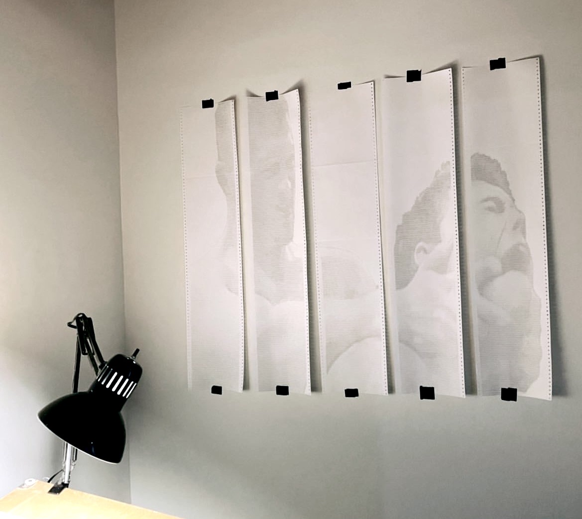 BACKLOGGED by CHARACTERS — five-sheet ASCII scroll, 190 × 102 cm, framed and installed on wall. Dot-matrix impact print on salvaged continuous-feed paper. Largest work in Research & Studies. 2023.