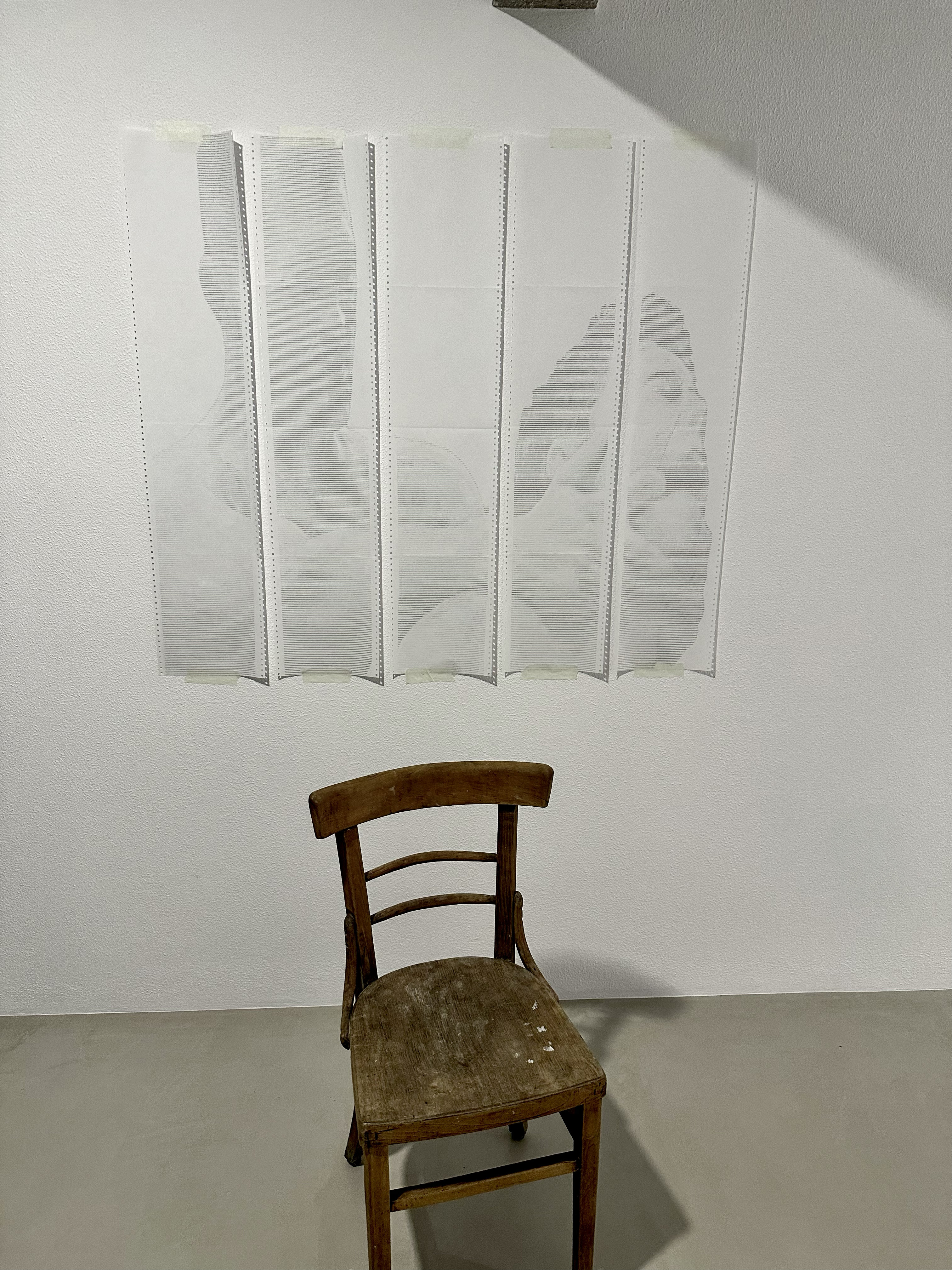 BACKLOGGED by CHARACTERS shown with nearby objects for scale — five-sheet ASCII scroll, 190 × 102 cm, the largest work in the Research & Studies series. 2023.