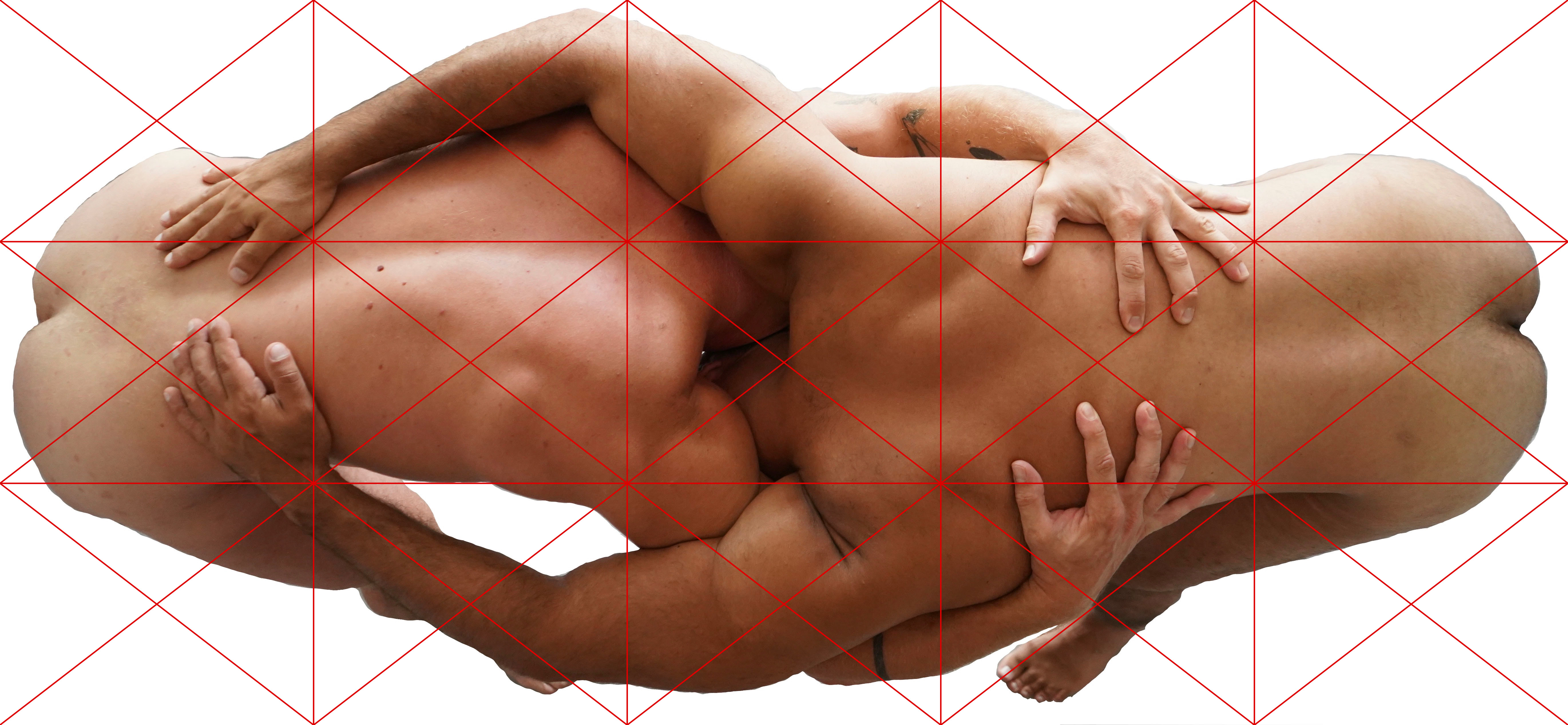 Source photograph for BODY.QUEUE by CHARACTERS — two male figures interlocked in a huddle-like pose, faces obscured, arms reaching. Original erotic image, photographic basis for the ASCII translation. 2025.