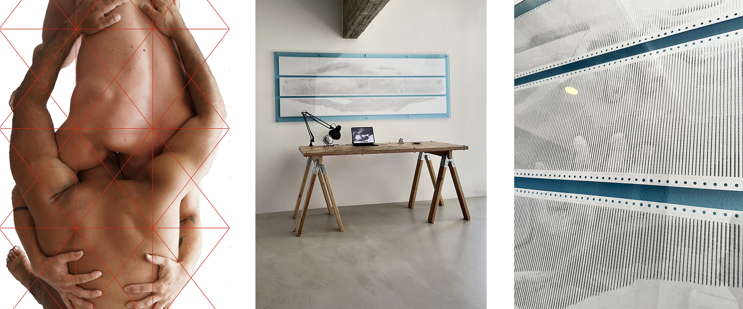 BODY.QUEUE by CHARACTERS — triptych showing two male figures interlocked in a huddle-like pose with faces obscured, framed ASCII scroll installation on dot-matrix paper, and macro detail of character grid. 72 × 252 cm, 2025.