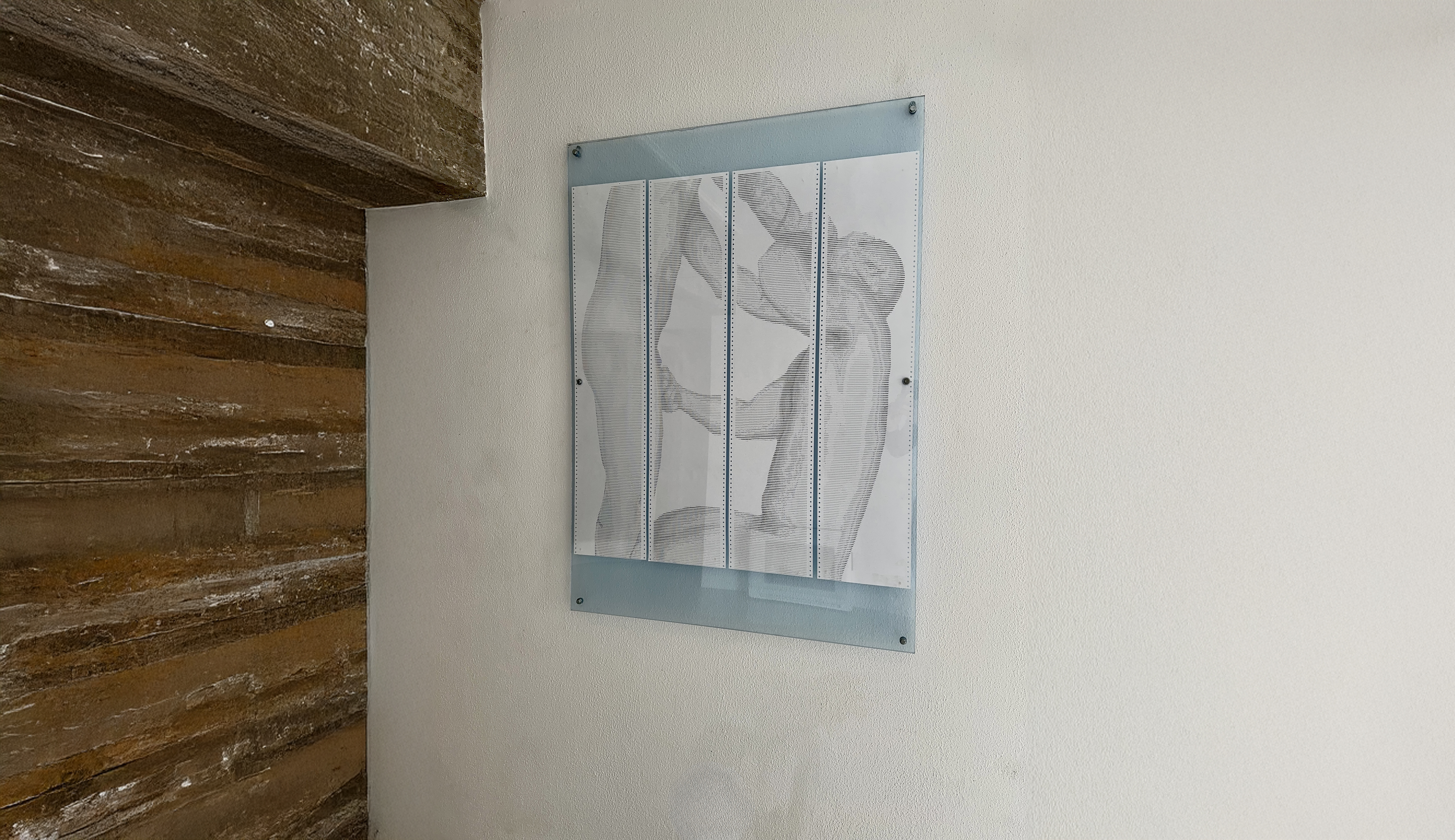 CTRL+SUB by CHARACTERS — four-sheet ASCII scroll, 96 × 112 cm, framed and installed on wall. Dot-matrix impact print on deadstock continuous-feed paper, 2025.