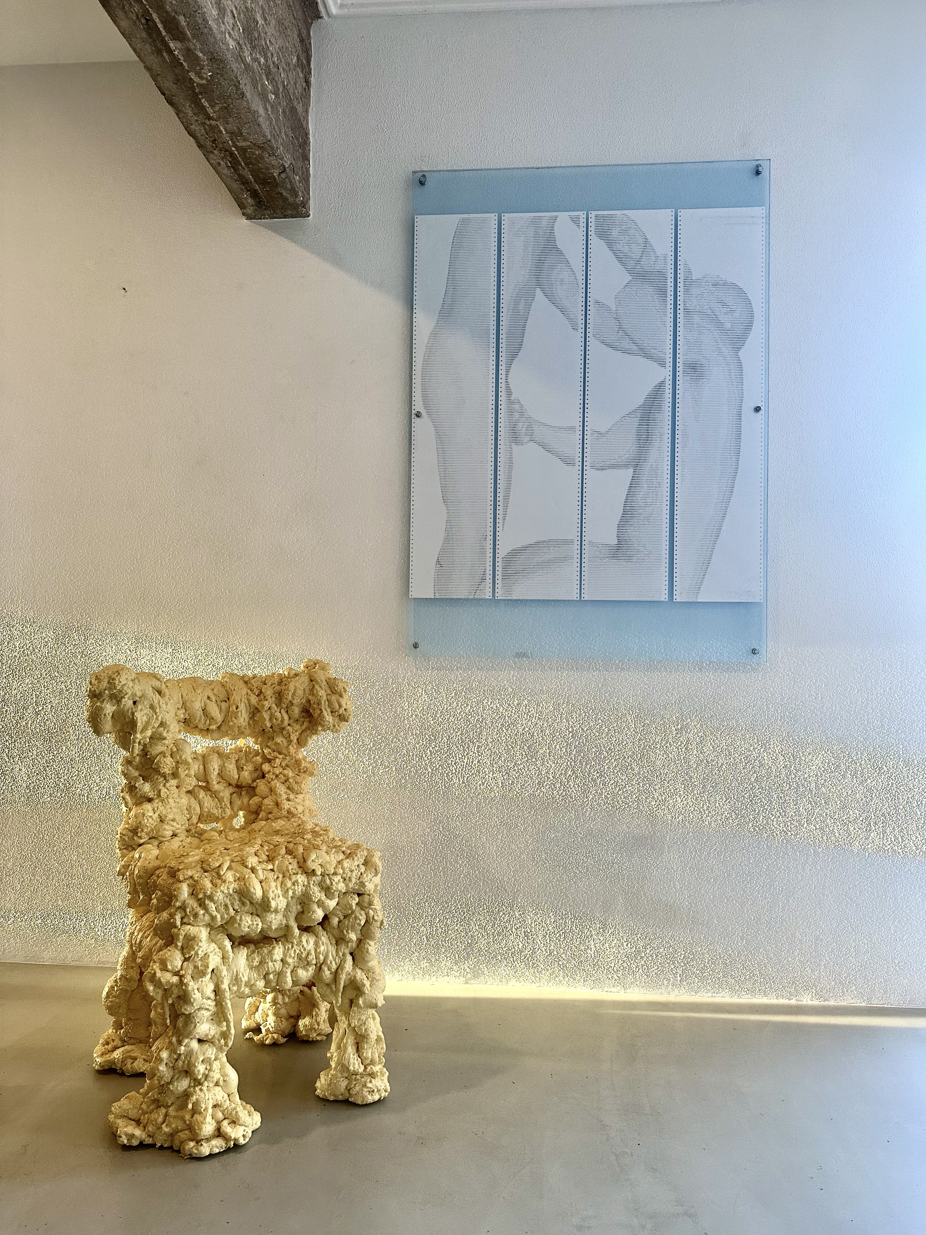 CTRL+SUB by CHARACTERS shown in situ — four-sheet ASCII scroll, 96 × 112 cm, dot-matrix print on deadstock continuous-feed paper. 2025.