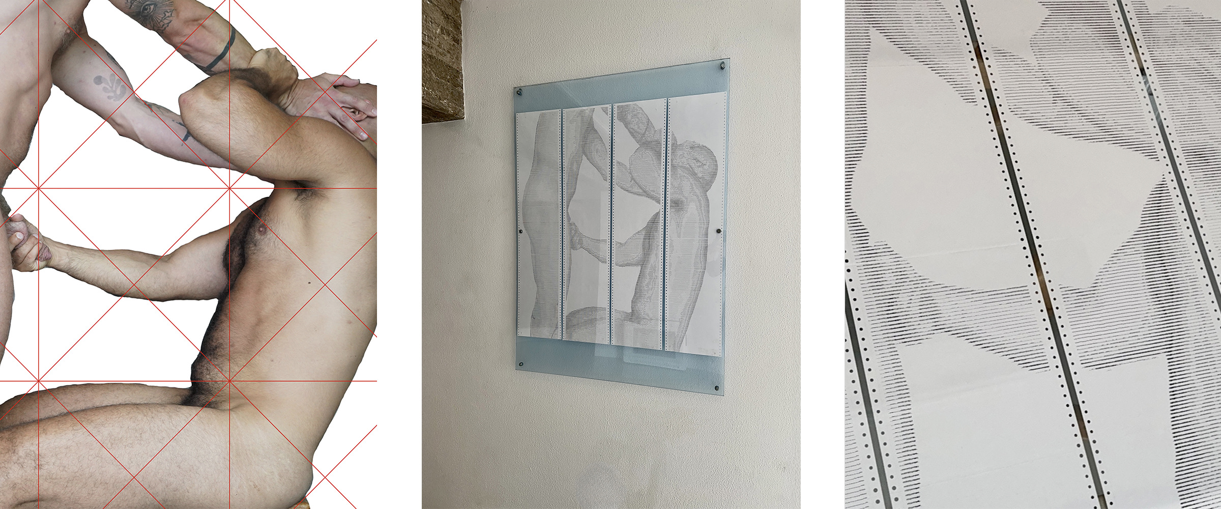 CTRL+SUB by CHARACTERS — triptych showing one male figure striking another's face while the other grips their genitals, framed ASCII scroll installation on dot-matrix paper, and macro detail of character grid. 96 × 112 cm, 2025.