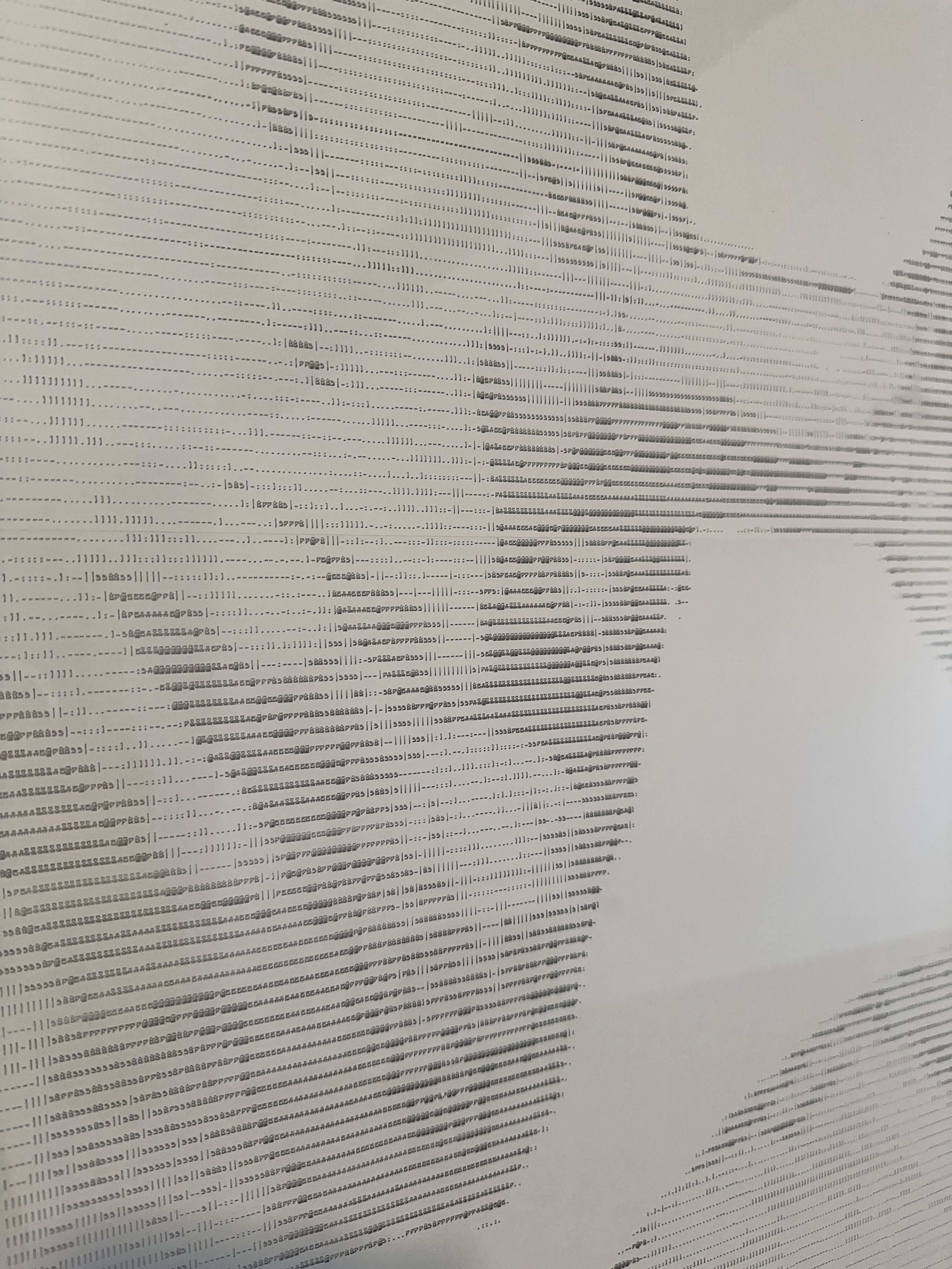 Detail of INPUT.OVERRIDE by CHARACTERS — ASCII character grid on salvaged dot-matrix paper showing fragmented facial contours rendered in monospaced characters. Single sheet, 38 × 102 cm. 2022.