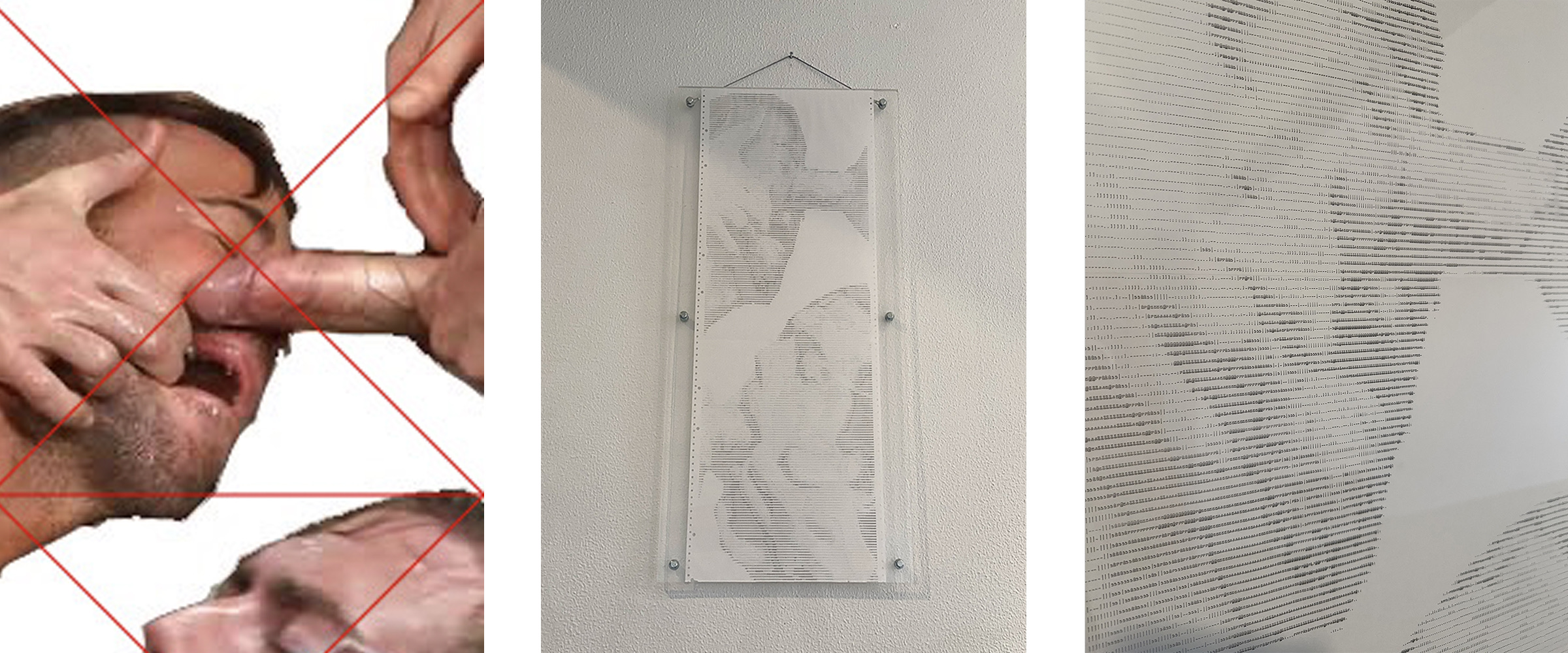INPUT.OVERRIDE by CHARACTERS — triptych showing found erotic imagery depicting explicit oral acts with manual restraint, single-sheet ASCII scroll installation on salvaged dot-matrix paper, and macro detail of character grid. 38 × 102 cm, 2022.