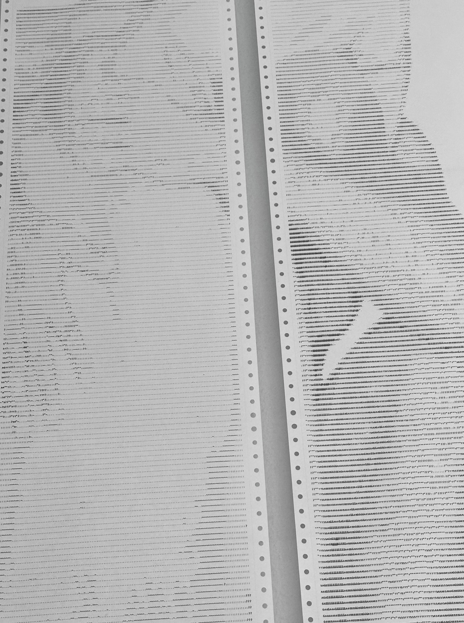 SAFE MODE by CHARACTERS — close-up of ASCII character grid on dot-matrix paper, Ecru colorway, showing two male figures in full embrace rendered in monospaced characters. Impact printing on deadstock continuous-feed stock.