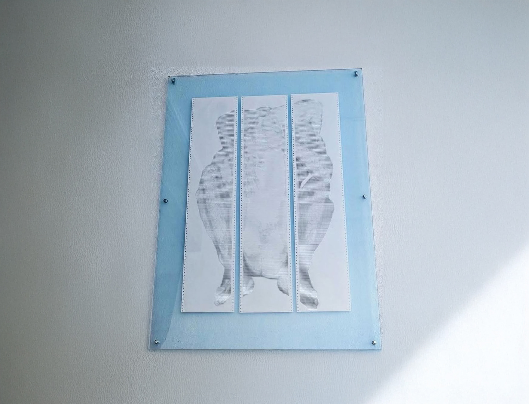 SAFE MODE by CHARACTERS installed at Radical Rest (an act of resistance), OKAY Initiative Space & Gallery, Athens, June–July 2025. Three-sheet ASCII scroll, 72 × 112 cm, dot-matrix print on deadstock continuous-feed paper.