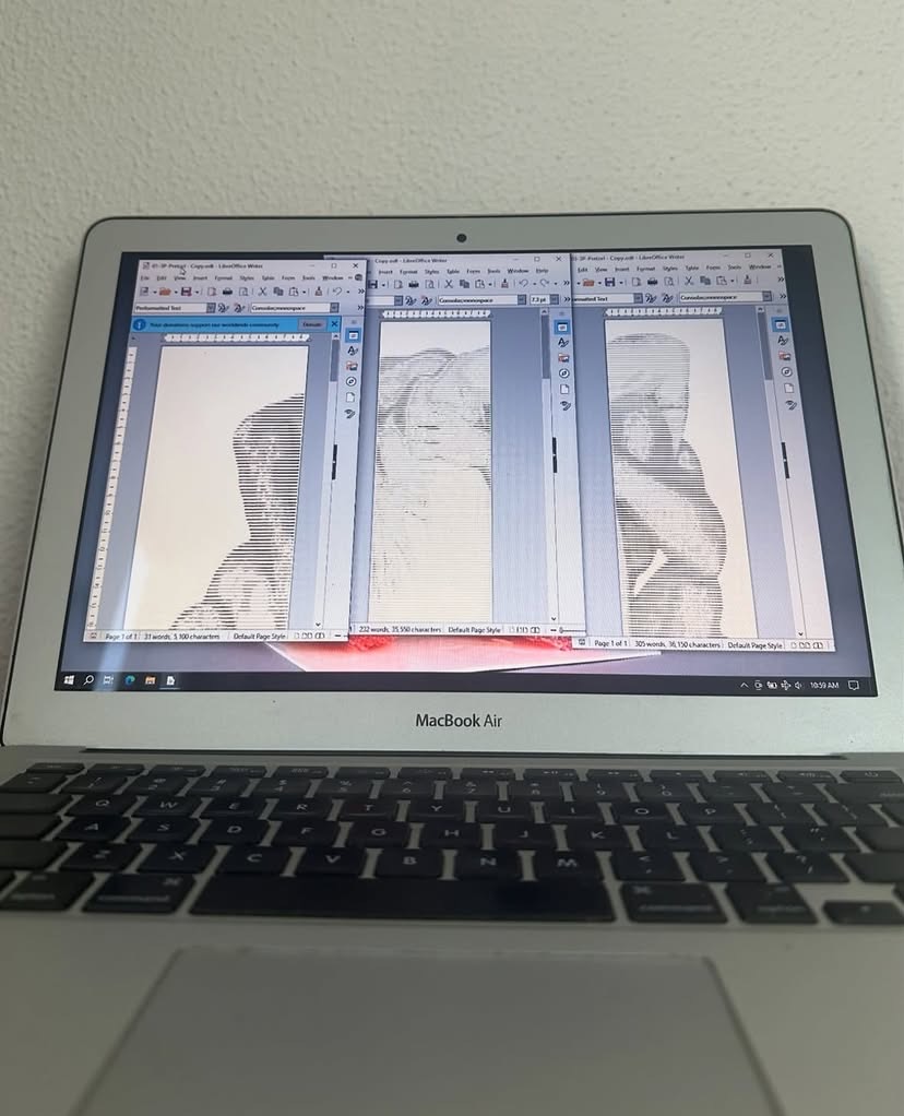 Process documentation for SAFE MODE by CHARACTERS — source photograph translated into ASCII text output via custom Python script, showing intermediate working files.