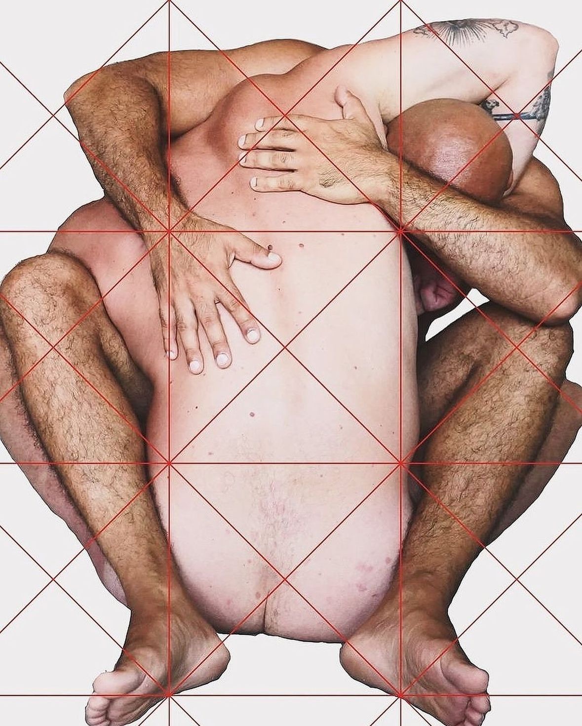 Source photograph for SAFE MODE by CHARACTERS — two male figures fully embracing, faces obscured. Original erotic image, photographic basis for the ASCII translation. 2025.