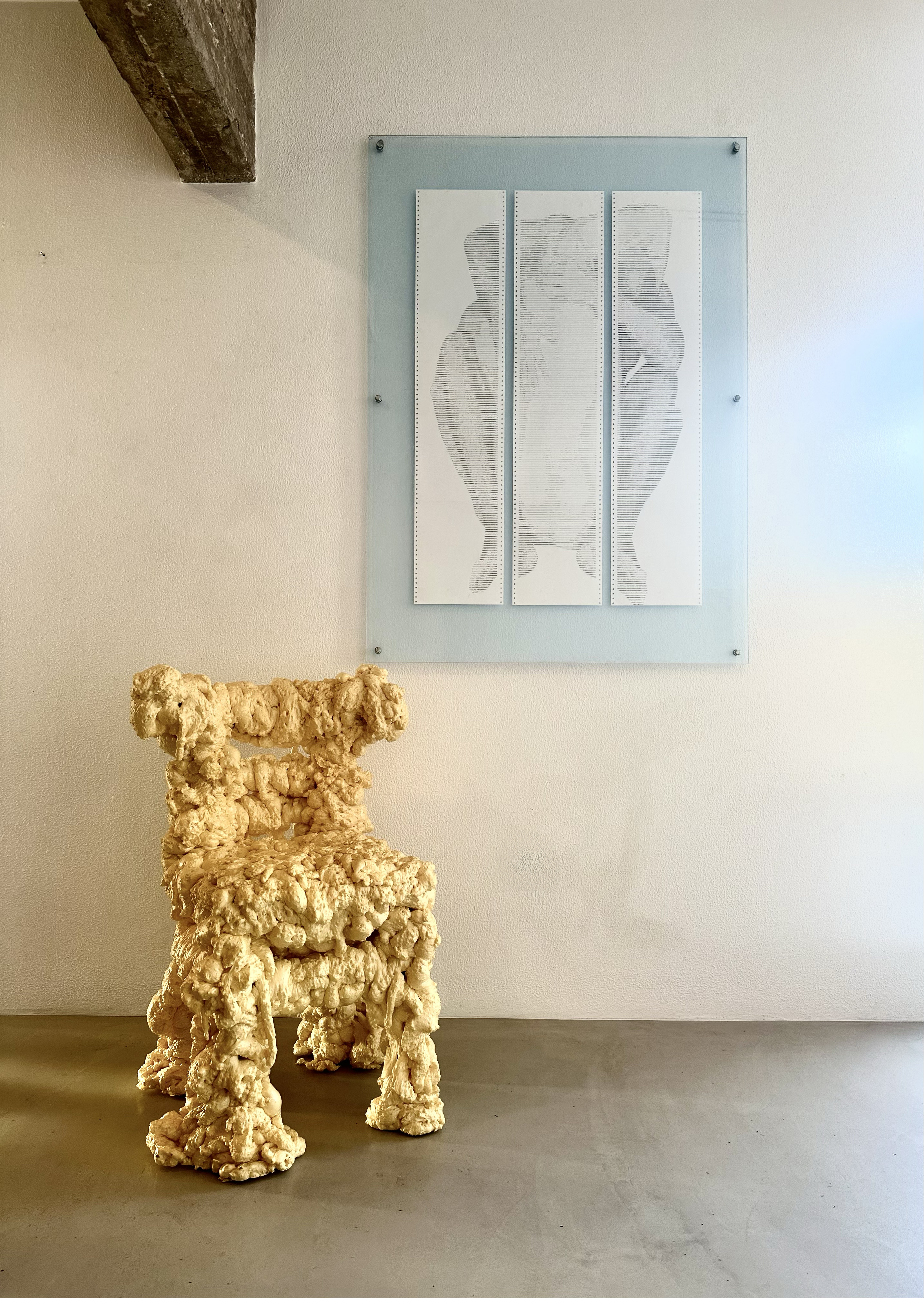 SAFE MODE by CHARACTERS shown in studio with nearby chair for scale — three-sheet ASCII scroll, 72 × 112 cm, dot-matrix print on deadstock continuous-feed paper. 2025.