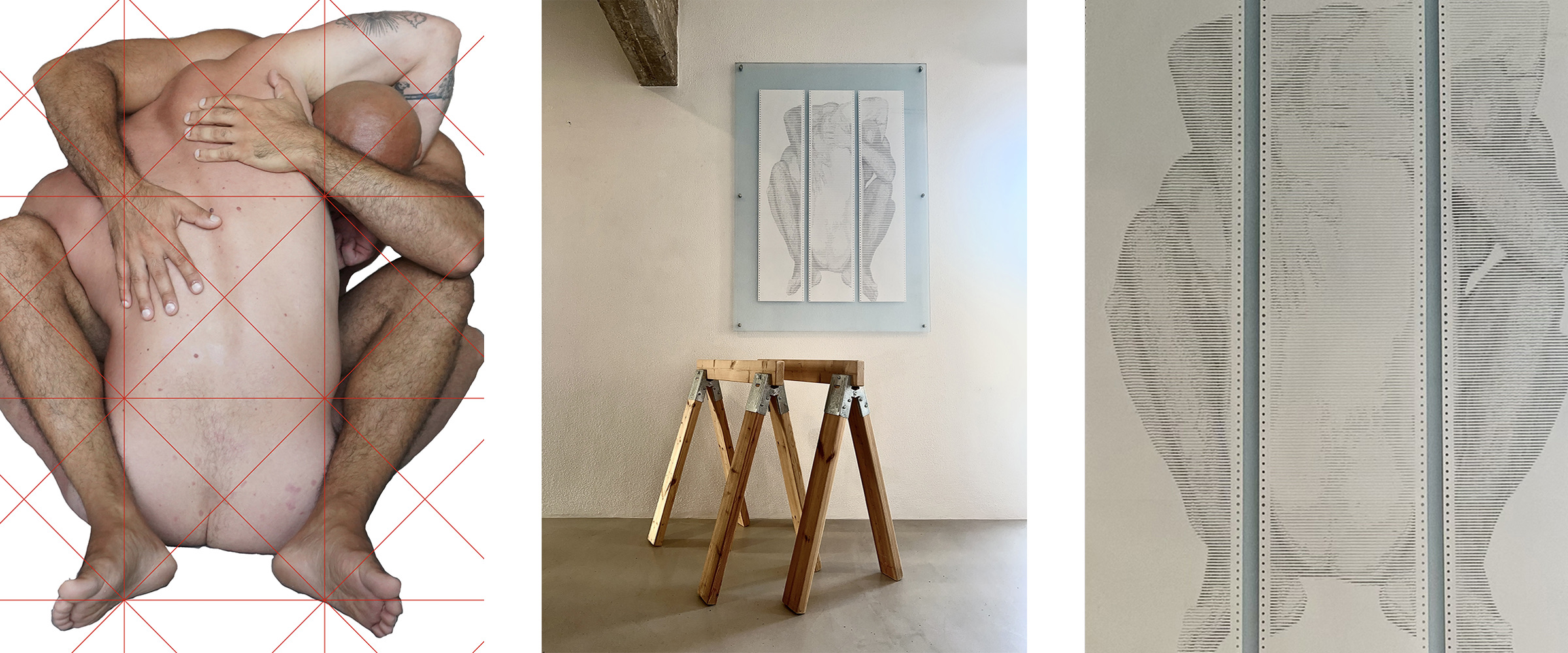 SAFE MODE by CHARACTERS — triptych showing two male figures in full embrace with faces obscured, framed ASCII scroll installation on dot-matrix paper, and macro detail of character grid. 72 × 112 cm, 2025.