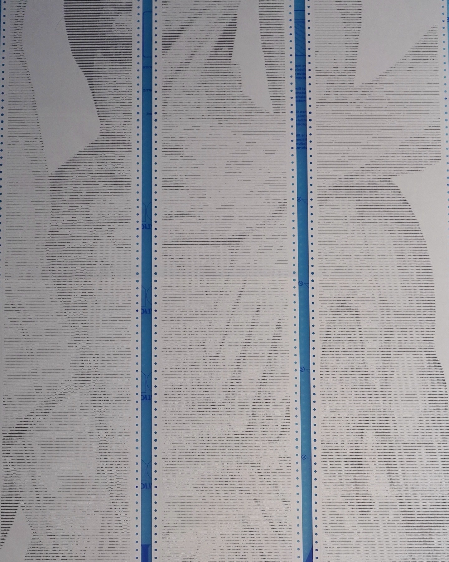 SOFT.RENDER by CHARACTERS — close-up of ASCII character grid on dot-matrix paper showing two sets of hands caressing a torso, rendered in monospaced characters. Impact printing on deadstock continuous-feed stock.