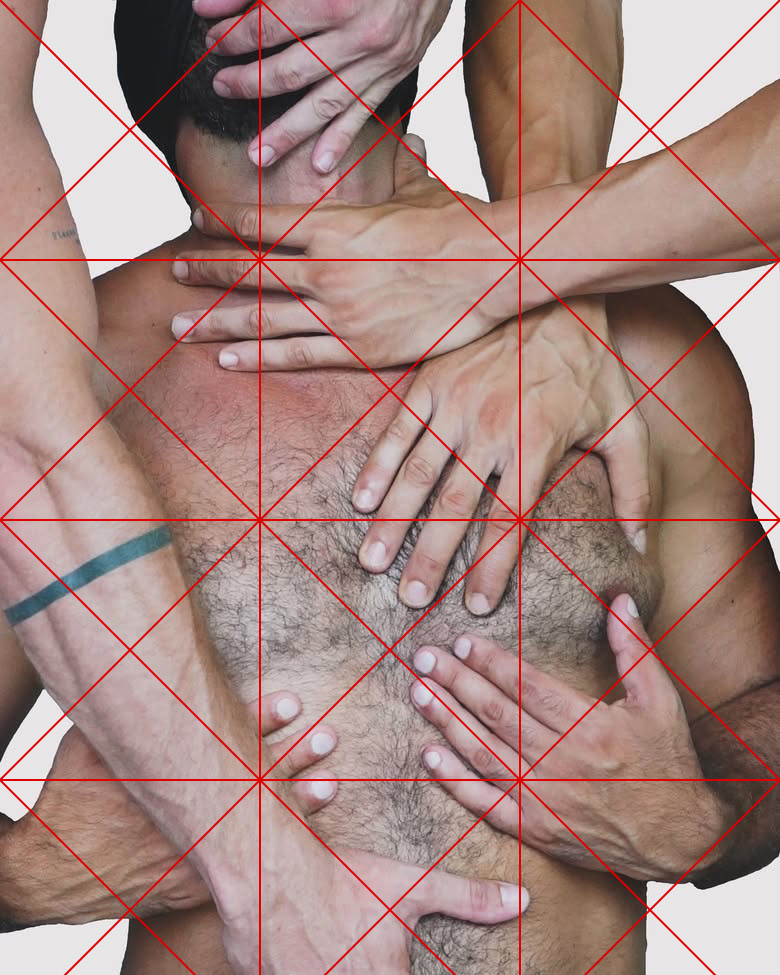 Source photograph for SOFT.RENDER by CHARACTERS — two sets of hands caressing a torso, subjects not visible. Original erotic image, photographic basis for the ASCII translation. 2025.