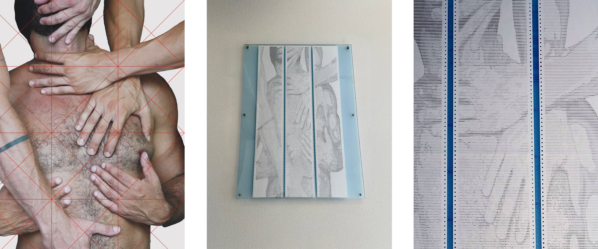 SOFT.RENDER by CHARACTERS — triptych showing two sets of hands caressing a torso with subjects not visible, framed ASCII scroll installation on dot-matrix paper, and macro detail of character grid. 72 × 140 cm, 2025.