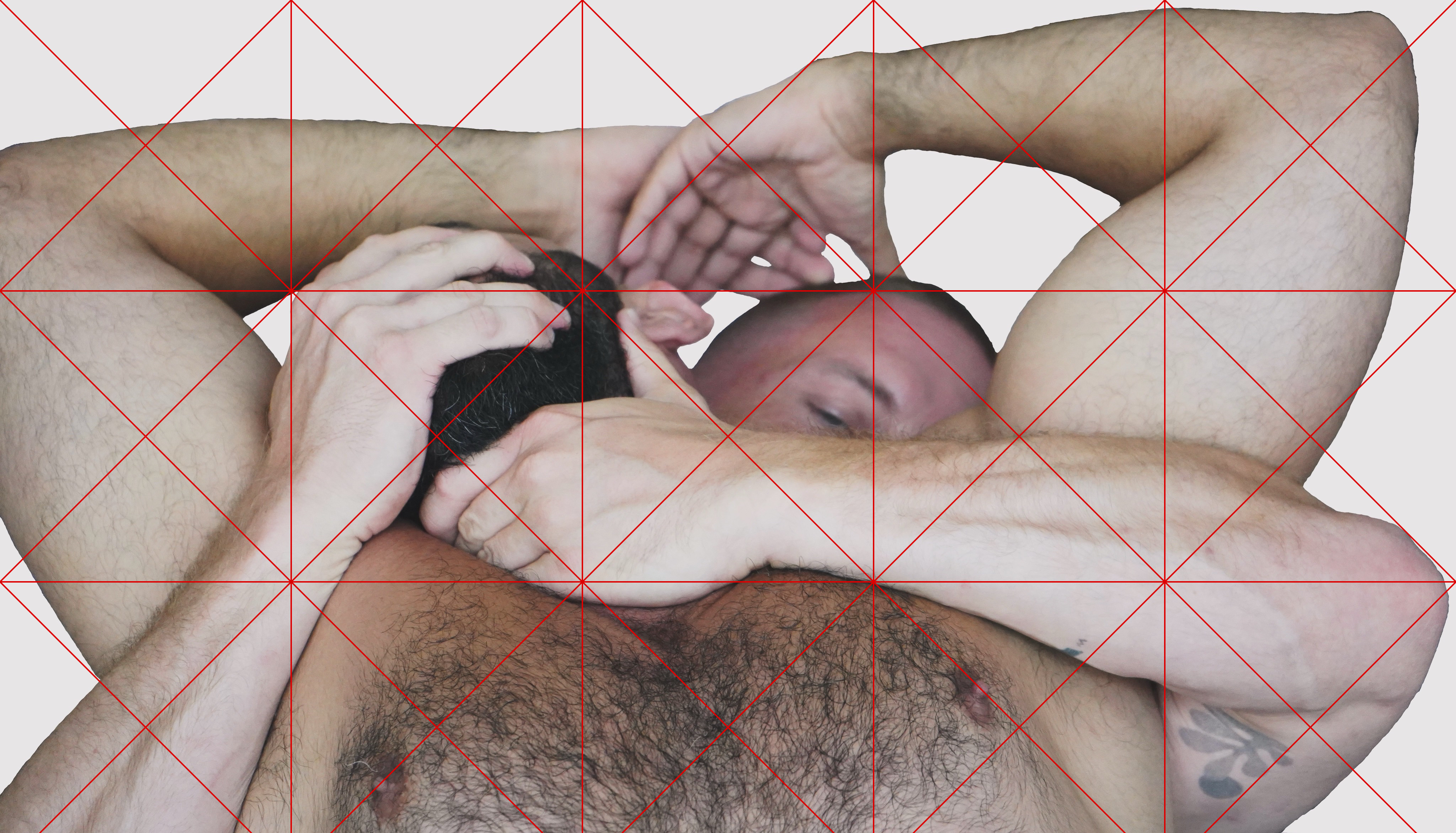 Source photograph for SUBMISSION FORMAT by CHARACTERS — one male figure arm-locked and restrained from behind by another. Original erotic image, photographic basis for the ASCII translation. 2025.