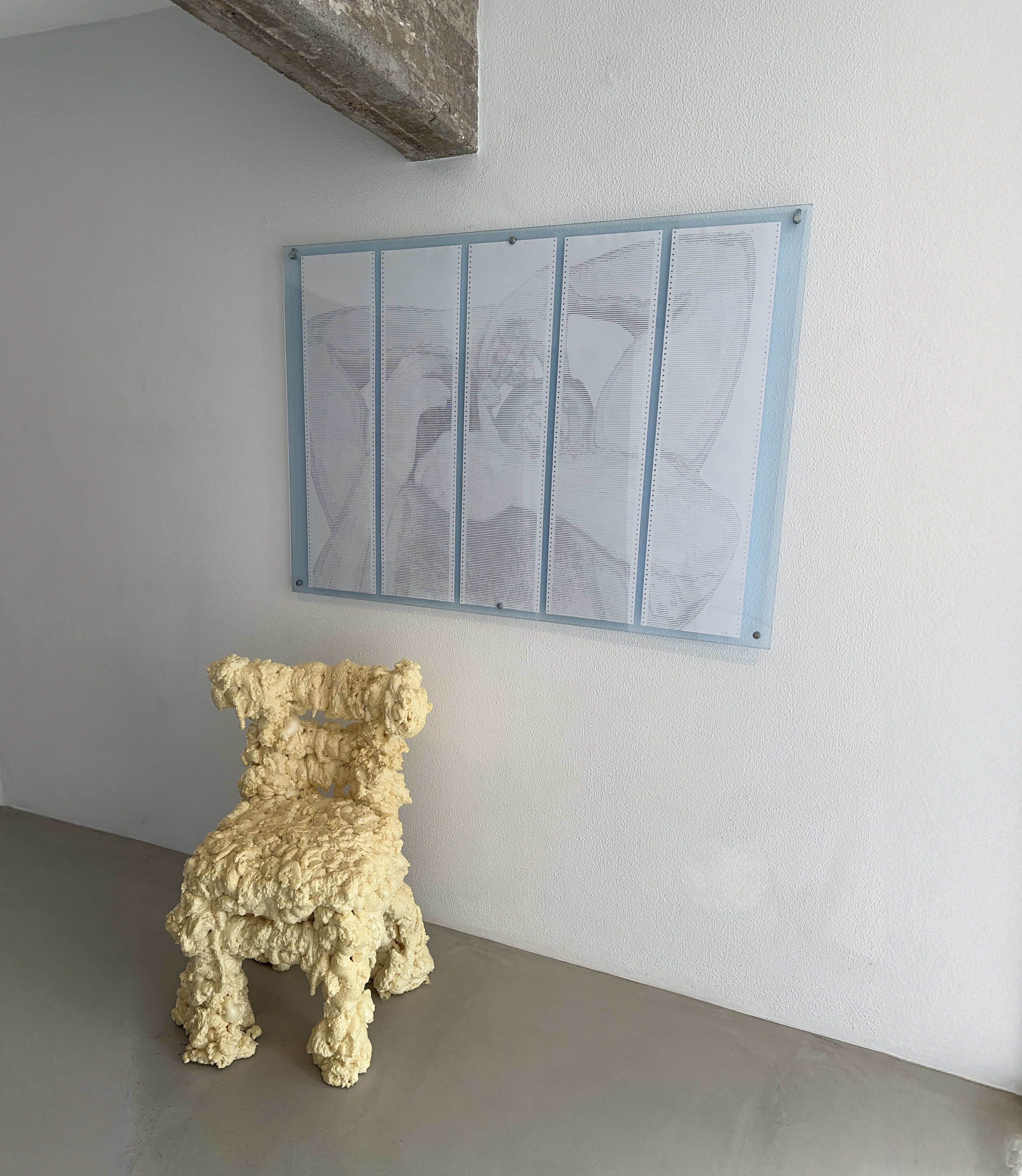 SUBMISSION FORMAT by CHARACTERS shown with nearby object for scale — five-sheet ASCII scroll, 120 × 97 cm, the widest work in Collection 01. 2025.