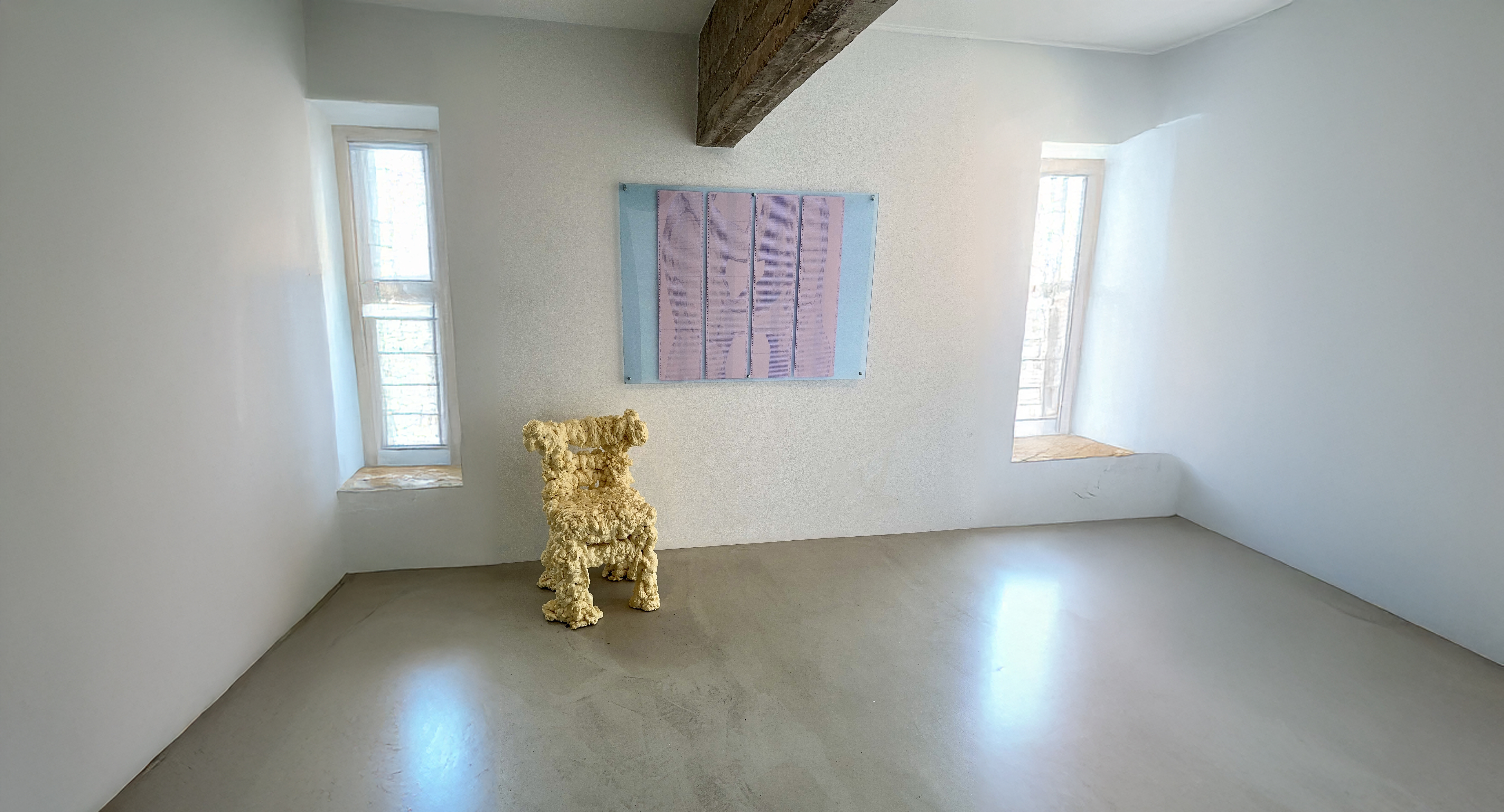 (TXT)TOUCH by CHARACTERS installed at HeArt of Change Festival, PLEX Athens, May 2025. Four-sheet ASCII scroll, 96 × 96 cm, dot-matrix print on deadstock continuous-feed paper.