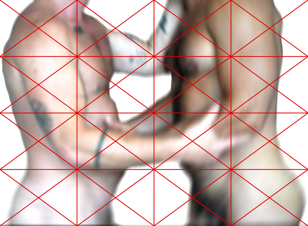 Source photograph for (TXT)TOUCH by CHARACTERS — two partially obscured male figures reaching toward each other for an embrace. Original erotic image, photographic basis for the ASCII translation. 2025.